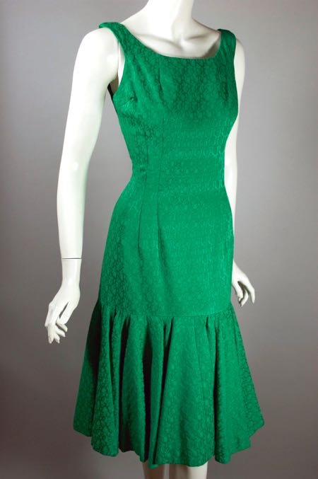 DR1199-green brocade 1960s dress bombshell ruffle hem - 5.jpg