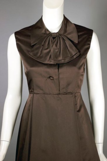 DR1213-chocolate brown silk satin 1960s cocktail dress empire waist - 2.jpg