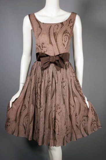 DR1217-brown print chiffon 1950s 60s dress full skirt jacket - 01.jpg