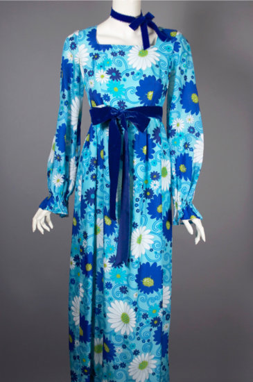 DR1219-late 1960s hippie girl dress blue empire waist flower child - 03.jpg