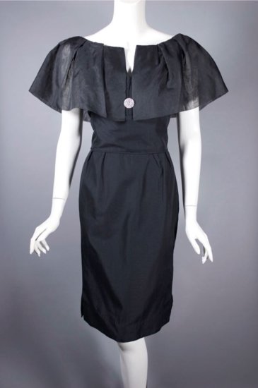 DR1236-LBD 1960s cocktail dress black silk organza ruffle collar - 1.jpg