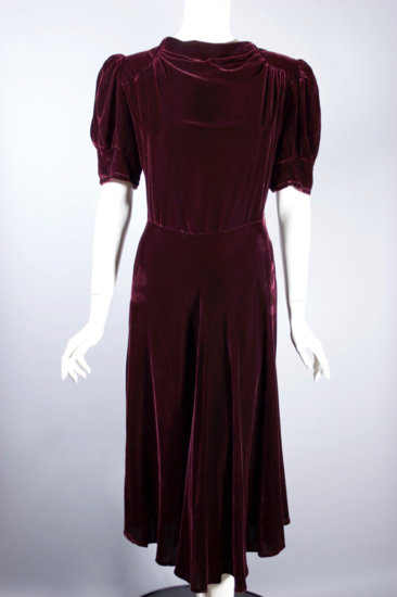 DR1255-burgundy velvet late 1930s dress bias cut puff sleeve - 02.jpg