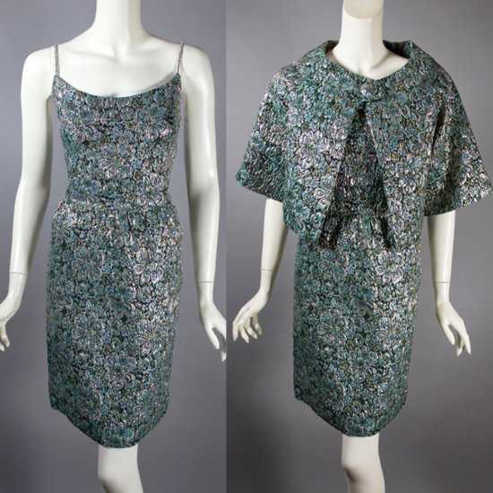 DR1260-aqua metallic brocade 1960s mini cocktail dress jacket 2 views.jpg
