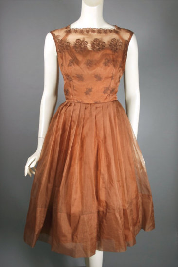 DR1263-copper organza 1950s 60s party dress full skirt illusion bodice - 01.jpg