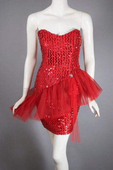 DR1271-red sequins 80s party dress strapless tulle ruffle peplum - 02.jpg