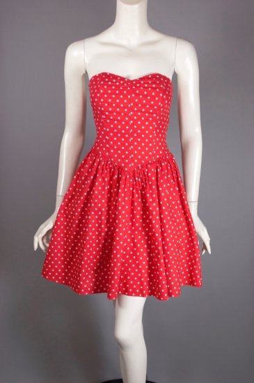 DR1273-1980s mini dress strapless polka dot cotton red white  - 2.jpg