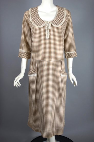 DR1275-Brown white gingham check 1920s day dress size M - 1.jpg