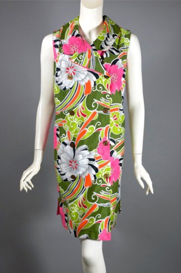 DR1279-size L Hawaiian dress 1960s tiki shift green pink cotton - 4.jpg