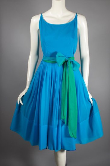 DR1286-aqua blue chiffon 1960s party dress full skirt S - 03.jpg