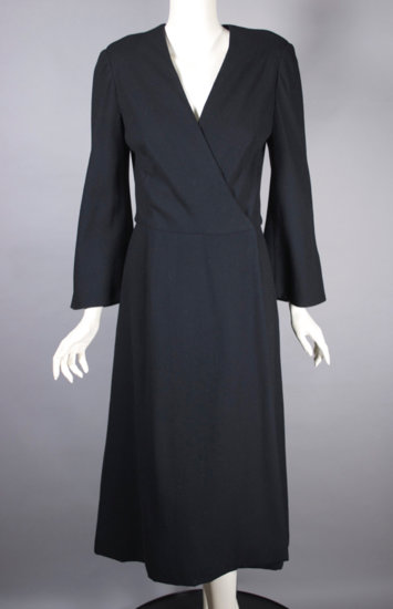 DR1312-minimalist black wool crepe wrap dress 1980s V-neck - 02.jpg
