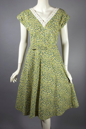 DR1347-green yellow print cotton 1950s dress full skirt XS - 2.jpg