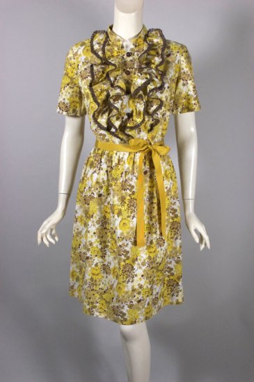 DR1357-gold brown floral print cotton 1960s dress ruffles - 3.jpg