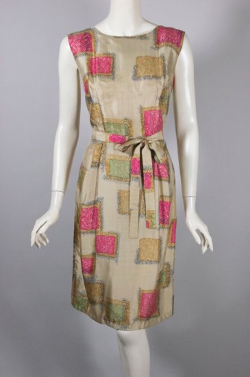 DR1361-taupe silk squares print 1960s dress midcentury design - 1.jpg