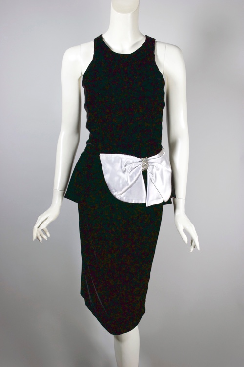DR1367-1980s peplum party dress black velvet white satin bow XS - 01.jpg