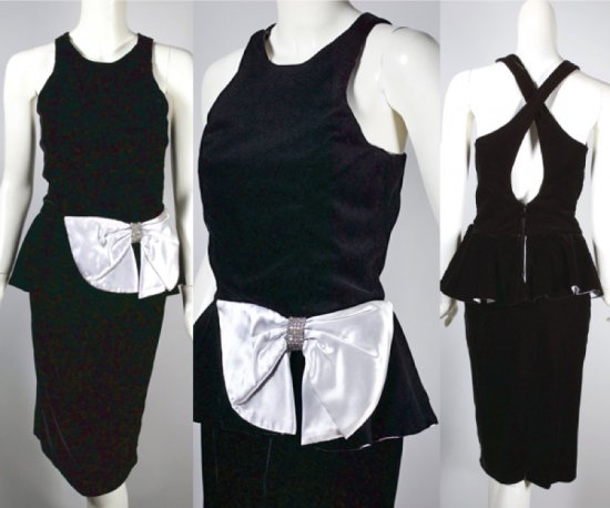 DR1367-1980s peplum party dress black velvet white satin bow XS trio.jpg