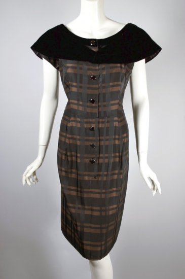DR1369-1950s-60s dress black brown plaid taffeta velvet collar - 02.jpg
