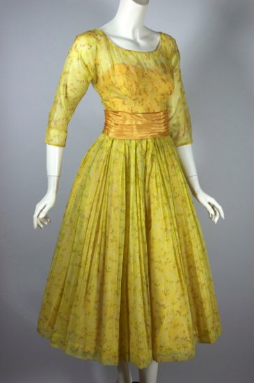 DR1376-gold yellow floral chiffon 1950s dress illusion bodice - 06.jpg