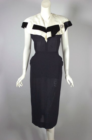 DR1379-1950s cocktail dress black crepe cream silk collar - 1.jpg