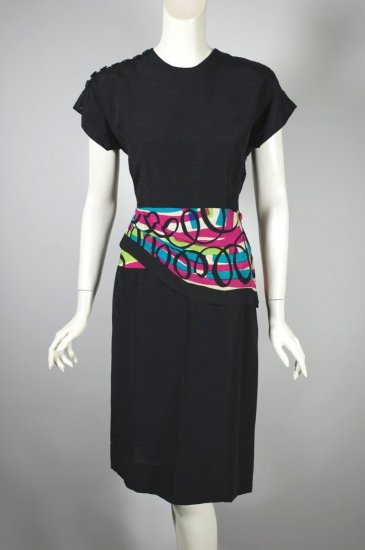 DR1380-1940s dress black rayon bright print waist drape - 1.jpg
