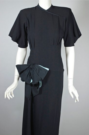 DR1387-rayon crepe black 1940s dress puffed sleeves front drape - 04.jpg