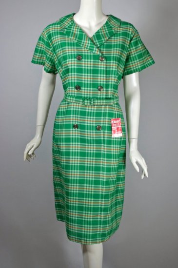 DR1388-green plaid cotton blend 1960s day dress L unworn - 3.jpg