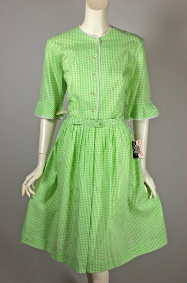 DR1389-green white gingham cotton 1960s day dress M unworn - 03.jpg