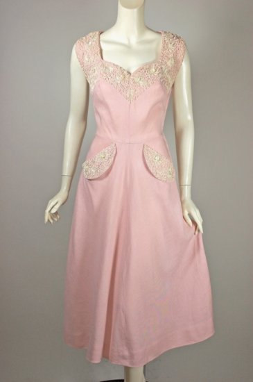 DR1391-pastel pink linen dress late 1940s 1950s full skirt - 1.jpg