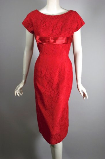 DR1397-bright red lace 1950s cocktail dress wiggle hourglass - 2.jpg