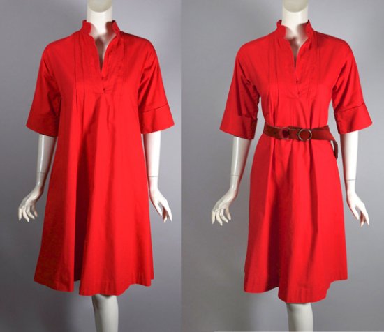 DR1398-red cotton 1970s dress loose fit trapeze shape - multi-view.jpg