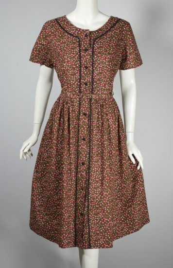 DR1408-copper brown cotton 1950s dress floral print M - 2.jpg