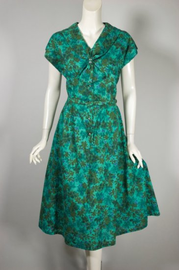 DR1409-teal green floral print cotton 1950s day dress M - 2.jpg
