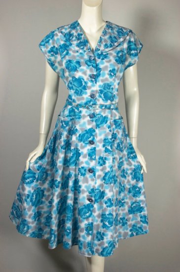 DR1410-aqua blue tropical floral print cotton 1950s dress M - 03.jpg