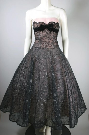 DR1416-black pink 1950s party dress strapless shelf bust- 02.jpg