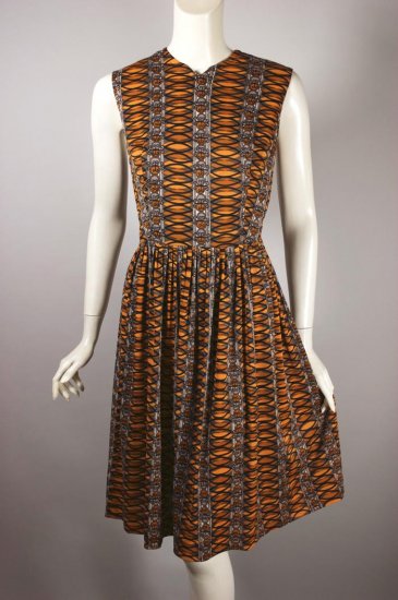 DR1423-orange black print nylon 1960s dress full skirt - 2.jpg
