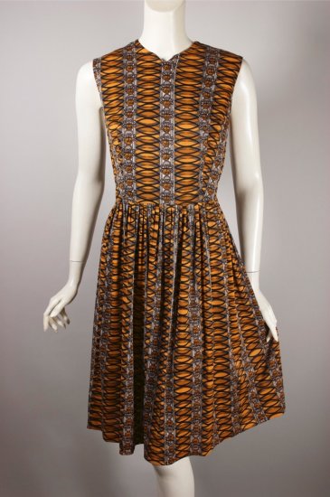 DR1423-orange black print nylon 1960s dress full skirt - 2.jpg