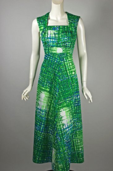 DR1427-blue green plaid 1970s polyester knit maxi dress - 1.jpg