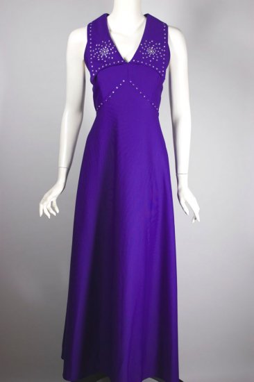 DR1446-purple polyester 70s maxi dress rhinestone trim M - 1.jpg