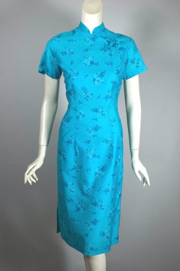 DR1477-aqua cotton 1960s cheongsam dress roses print - 02.jpg