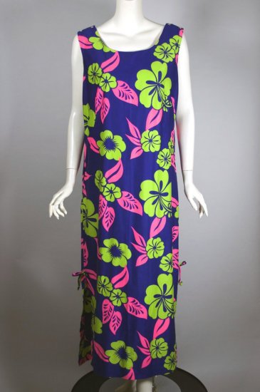DR1481-neon purple Hawaiian tiki print cotton shift dress 1960s - 01.jpg