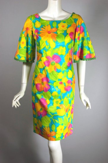 DR1491-1960s dress flared sleeve neon floral print cotton - 1.jpg