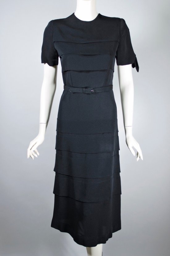 DR1499-tiered pleats black rayon crepe noir 1940s cocktail dress S - 1.jpg