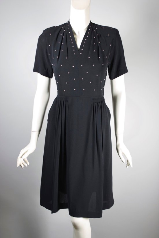 DR1505-black rayon crepe 1940s dress metal studs trim - 1.jpg