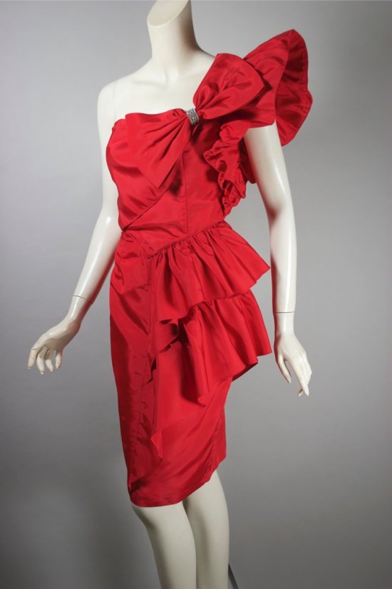 DR1624-red taffeta bow ruffles 80s party dress one shoulder S - 06.jpg