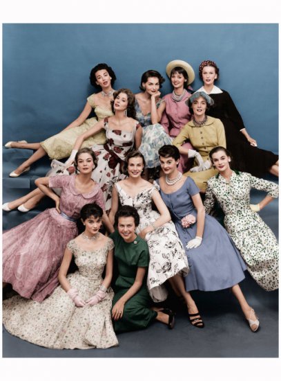 Eileen (front row, in green) with a fleet of Ford models, 1955.jpg