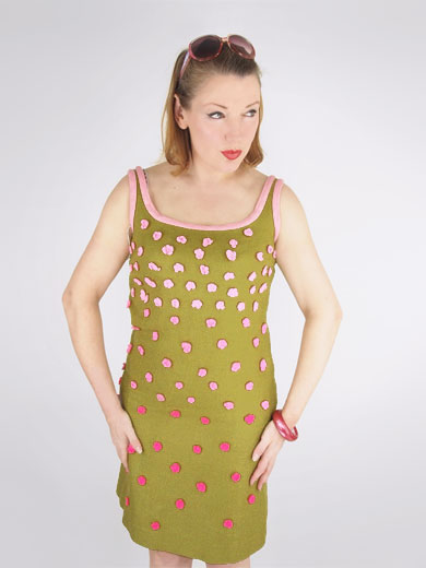 item188.3-60s-vintage-olive-green-shift-dress-applique-pink-flowers.jpg