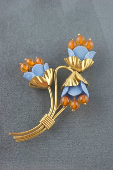 JP105-Haskell style 1930s flower brooch pin blue orange celluloid - 1.jpg