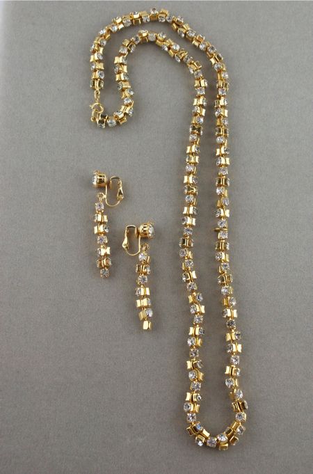 JS70-1960s gold squares rhinestones necklace drop earrings - 2.jpg