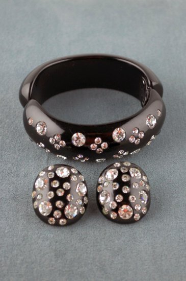 JS85-1950s Weiss clamper bracelet earrings set black thermoplastic rhinestones - 6.jpg