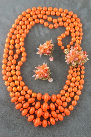 JS89-Haskell style necklace earrings set 1950s orange art glass beads - 3.jpg