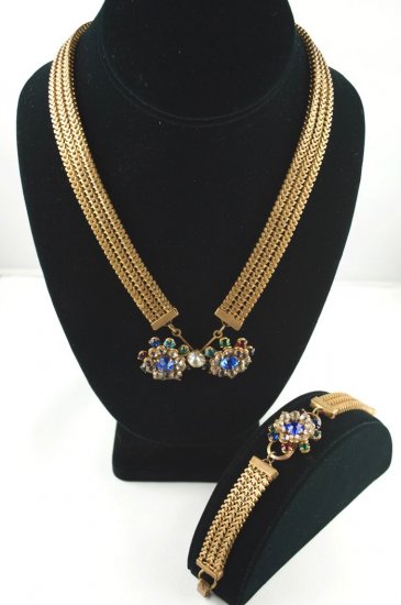 JS98-1940s brass chain link necklace multi-color rhinestone set - 5.jpg